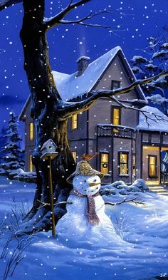 a painting of a snowman in front of a house at night with lights on