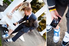 a man and woman dressed in wedding attire holding cell phones next to each other on the ground