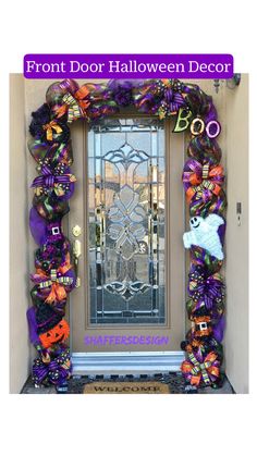 the front door is decorated for halloween with purple and orange mesh wreaths on it