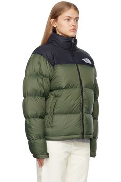 The North Face: Green 1996 Retro Nuptse Down Jacket | SSENSE North Face Clothing, North Face Outfits, Personal Shopping, Thyme, Logo Embroidered, Luxury Streetwear, Stand Collar, Down Jacket, Repellent