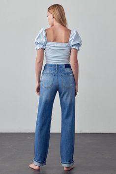 High Waist Ripped Straight Jeans- 100% Cotton - Non-Stretch Denim- High Rise- Zipper Fly Closure- Ripped, Destroyed- Pocket- Imported, Designed In USASize 3- Waist 29 1/2"- Hip 38"- Front Rise 10 1/2"- Leg Opening 15 3/4"- Inseam 32 1/2"Model wears size 3, height 5'9" Style: Casual Print / Pattern: Medium Wash Denim Silhouette: Straight Fit: High Rise, Relaxed Embellishment: Knee Distress Neck Line: N/A Sleeve: N/A Length: Long Closure: Button Closure Lining: No Fabric Contents: 100% Cotton Non- Straight Ankle Jeans, Pants Gift, Sweater Hat, Jumpsuit Skirt, Graphic Tops, Ankle Jeans, Sheer Fabrics, Print Pattern, Straight Jeans