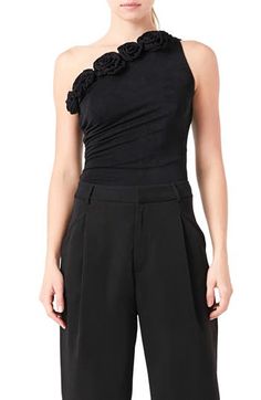 Keep your look perfectly tucked in and oh-so-pretty with a sleek bodysuit edged in lovely rosettes. One-shoulder neck Lined 96% polyester, 4% spandex Hand wash, dry flat Imported Elegant One-shoulder Evening Bodysuit, Elegant Fitted Bodysuit With Asymmetrical Neckline, Chic Evening Bodysuit With Asymmetrical Neckline, Elegant Fitted One-shoulder Bodysuit, Elegant Off-shoulder Bodysuit, Chic Bodysuit With Asymmetrical Neckline For Night Out, Elegant Ruched Bodysuit For Spring, Elegant Ruched Bodysuit For Party, Elegant Solid One Shoulder Bodysuit