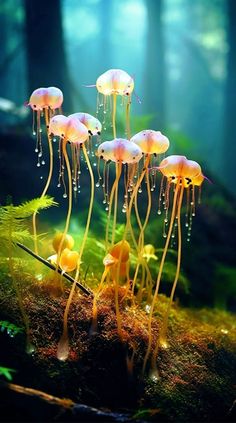 an underwater scene with jellyfish and moss in the foreground, surrounded by trees