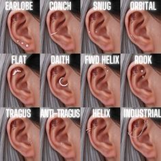 multiple images of different types of ear piercings with words describing them in white letters