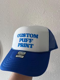 Custom Puff Foam Trucker Hat, Personalized Foam Hat, Unisex Foam Trucker Hat, Custom Caps Gift, Custom Hats, Trucker hats, Personalized Embossed Foam Hat. Custom TEXT customer 1. Choose your Hat Color 2. Choose your Text Color 3. Enter your custom text in the "Personalization" section with your font style *PLEASE TYPE IT EXACTLY HOW YOU WANT ON YOUR HAT WITH UPPERCASES, LOWERCASES, AND SPACING* Custom LOGO customer *Please show us your logo prior purchasing* 1. Choose your Hat Color 2. Add logo/photo/image file on message box Enhance your style with our 5-Panel Cap Mid Profile Mesh Back Trucker Hat, perfect for everyday wear and outdoor activities. Features: Material: 100% polyester for durability. Design: Structured with a firm front panel and seamless foam front panel with lining. Visor: Fun Blue Customizable Hat, Customizable Blue Snapback Baseball Cap, Customizable Blue Hats One Size Fits Most, Customizable Blue Hats One Size, Blue Breathable Trucker Hat, Blue Sports Bucket Hat, Blue Bucket Hat For Sports, Blue Fun Sports Hats, Hats Trucker