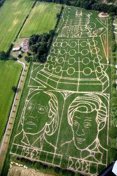 an aerial view of a large field that has been carved into the shape of two faces