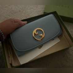 Brand New Gucci Blondie Continental Chain Wallet - 100% Authentic - Color Light Blue Leather - Comes With A Box . Dust Bag, And Authentic Details Light Blue Leather Shiny Gold-Toned Hardware Moir Lining Round Interlocking G Inside: 12 Card Slots And 2 Bill Compartments, Two Separate Interior Compartments And Zip Coin Pocket Chain Strap With 23.6" Drop Button Closure 8.3"W X 4.1"H Made In Italy Gucci Gold Rectangular Wallet On Chain, Elegant Gucci Wallet On Chain As Gift, Gucci Gold Wallet On Chain With Gold-tone Hardware, Gucci Gold Wallet On Chain For Everyday Use, Gucci Gold Wallet On Chain With Chain Strap, Gucci Gold Wallet On Chain For Evening, Gold Gucci Wallet On Chain For Evening, Chic Gucci Gold Wallet On Chain, Chic Gold Gucci Wallet On Chain