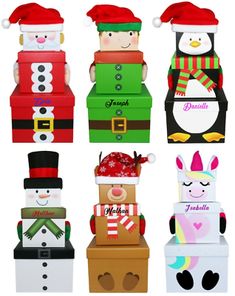 several boxes with different types of christmas decorations on top of each box, all decorated in different colors and shapes