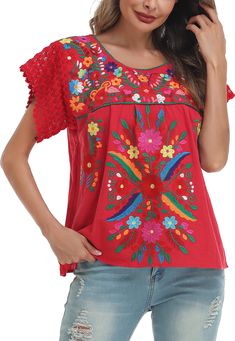 PRICES MAY VARY. 100% Cotton Pull On closure Mexican Peasant Blouse, Mexico Summer, Mexican T Shirts, Lace Sleeve Blouse, Womens Tops Summer, Womens Pyjama Sets, Shirt Short Sleeve, Peasant Blouse, Beautiful Blouses