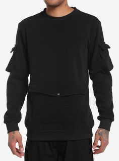 We'll never say no to pockets. This black sweatshirt features ribbed pocket detailing on the front  plus pockets on the sleeves.65% polyester; 35% cottonWash cold; dry lowImportedListed in men'sunisex sizesModel is 6'1''Model wears size Medium Urban Crew Neck Sweatshirt With Side Pockets, Crew Neck Sweater With Pockets For Streetwear, Fall Streetwear Sweatshirt With Side Pockets, Black Sweater With Pockets For Streetwear, Urban Fall Sweatshirt With Side Pockets, Black Urban Sweatshirt With Side Pockets, Fall Crew Neck Hoodie With Pockets, Winter Crew Neck Sweatshirt With Pockets, Casual Long Sleeve Sweatshirt With Side Pockets