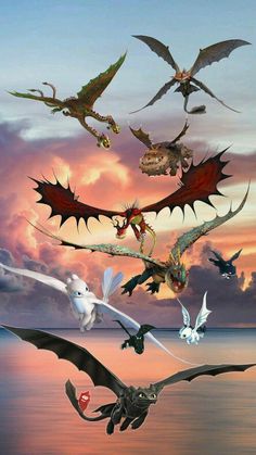 several different types of dragon flying in the sky