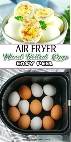 Pinterest pin with text overlay to make hard boiled eggs in the air fryer. Boiled Egg In Air Fryer, Air Fried Hard Boiled Eggs, Hard Boiled Eggs In The Air Fryer, How To Hard Boil Eggs In Air Fryer, Boiling Eggs In Air Fryer, Air Fryer Boiled Eggs Time, Hard Boil Eggs In Air Fryer, Hardboiled Eggs In Air Fryer, Air Fry Boiled Eggs