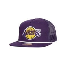 the los angeles lakers purple and white trucker hat is shown on a white background