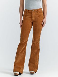 Your favorite flare is back, but now in the perfect texture for the season ahead. Our Women’s Wrangler Retro® Bailey High Rise Corduroy Trouser Jean comes with all the same iconic details, including our signature five-pocket styling, the “W” stitching, and a logo patch. That ultra-soft corduroy is crafted from a cozy cotton blend with just the perfect amount of stretch. Best of all, these trousers feature a flattering high-rise silhouette that hugs you in all the right places. Brown Courdoroy Pants, Corduroy Flare Pants Outfit, Wrangler Jeans, Dream Clothes, Trouser Jeans, Pants Outfit, Flare Pants, Fashion Sense, Women's Jeans