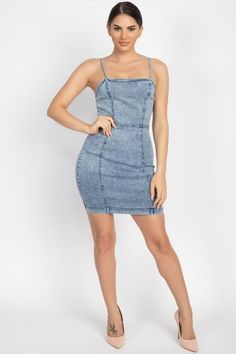 Kendall Denim Mini Dress - Acid Wash Woven Denim Acid Wash Princess Seams Square Neckline Adjustable Spaghetti Straps Bodycon Back Zipper Closure Princess Seams, Denim Mini Dress, Classic Chic, Denim Mini, Princess Seam, Acid Wash, Overall Shorts, Square Neckline, Eye Candy