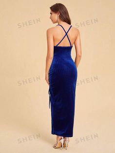 SHEIN Belle Vestido unicolor con cordón fruncido de terciopelo | SHEIN USA V-neck Drawstring Party Dress, V-neck Drawstring Dresses For Party, Sleeveless Evening Dress With Drawstring, Blue Party Dress With Drawstring, Velvet Dress, Dress P, Fashion Online Shop, Online Fashion, All Fashion