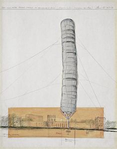 an architectural drawing of a tall structure in the middle of a field with buildings on it