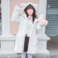 Fabric material:plush. Color:white,black, Size:one size. Length:85cm/33.15". Bust:104cm/40.56". Shoulder:35cm/13.65". Sleeve length:65cm/25.35". Shipping: Free Shipping Worldwide for order over 15$, 7-15 days delivery to US/UK/CA/AU/FR/DE/IT and most Asia Countries Bear Ear Hoodie, Cat Winter, Kawaii Sweater, Style Kawaii, Plush Coat, Neko Cat, Hoodie Coat, Kawaii Clothes, Hooded Coat