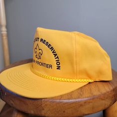 I Think It Was Never Worn. Scouts Honor. Pioneer Scout Reservation Camp Frontier Easily 1970s But I Suspect 1960s Yellow Vintage Hat With Curved Brim, Vintage Yellow Hat With Curved Brim, Vintage Yellow Adjustable Hat, Yellow Retro Hat For Outdoor, Retro Yellow Hats For Outdoor, Retro Yellow Hat For Outdoor, Retro Yellow Outdoor Hat, Yellow Retro Hat With Short Brim, Retro Yellow Hat With Short Brim