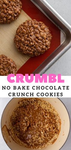 no bake cookies with chocolate frosting and crumbled on top, in front of a baking pan