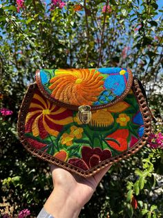 Beautiful colorful Hand Embroidered Mexican Flower Bag made in Chiapas, Mexico. Each bag is hand embroidered and flower will vary but each one is beautiful and unique Adjustable Strap 7" Tall 8" Wide Mexican Flowers, Graduation Stole, Leather Floral, Flower Bag, Sling Bags, Sling Bag, Cross Body Handbags, Bag Making, Purses And Handbags