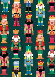 an image of nutcrackers in different colors and patterns on a green background