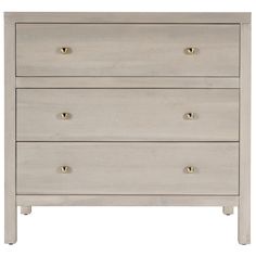 a white dresser with three drawers and two gold knobs on the bottom drawer, against a white background