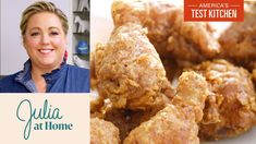 a woman is smiling next to some fried food and an advertisement for julia at home