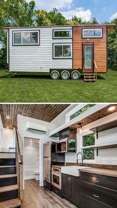 the tiny house is built on wheels and has stairs leading up to it's loft