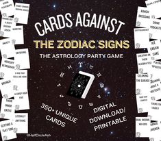 cards against the zodiac signs is shown in front of a black background with white stars