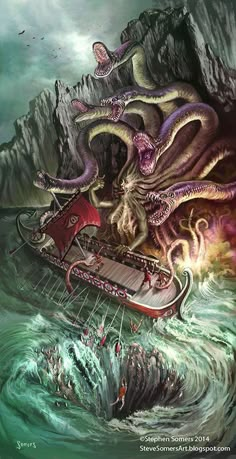 an octopus attacking a boat in the ocean with other animals on it's back