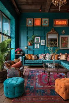 a living room filled with lots of colorful furniture