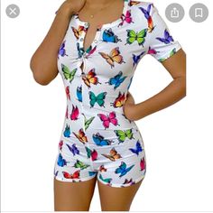 V Neck Butterfly Print Bodycon Short Onesie Small, Medium And Large Cheap Cartoon Print Bodysuit For Summer, Disney Bodysuit Women, Onesie Pajamas Women One Piece, Trendy Fitted Sleepwear For Spring, White V-neck Sleepwear For Summer, Casual Fitted Floral Print Sleepwear, Fitted Floral Print Casual Sleepwear, Casual Fitted V-neck Sleepwear, Vacation Sleepwear With Short Sleeves