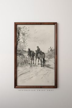 a black and white drawing of two men on horses