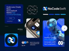 an image of some technology related items on a dark blue and black background with the words nocode swift above it