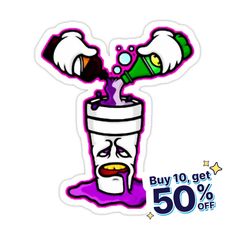 a sticker with an image of a coffee cup and the words buy 10 get 50 % off