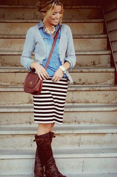 The entire thing... however, my bag would need to be bigger. I carry a lot of stuff with me. Denim Cardigan, Summer Skin, Mode Inspo, Grits, Southern Style, Stripe Skirt, Fashion Mode, Pale Yellow