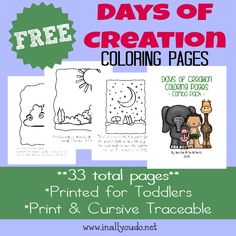 three different coloring pages for children to print and cursive traceables with the text'3 days of creation coloring pages '