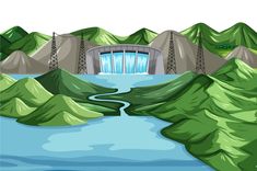 an image of a water dam in the middle of mountains with trees on both sides