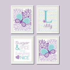 four purple and blue wall art prints with the words love, sugar & spice and everything nice