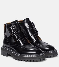 Leather biker boots in black - Proenza Schouler | Mytheresa Black Biker Boots, Bottega Veneta Cassette, Leather Biker Boots, Dad Sneakers, Ankle Boots Flat, Biker Boots, Leather Buckle, Shoes Shoes, Proenza Schouler