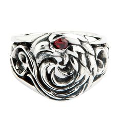 Red Eyes Harley Eagle Sterling Silver Biker Ring ~New   made of topnotch 925 sterling silver;  925 hallmark stamp is inside the band;  features a red cubic zirconia insert;  ring face dimensions: 19 mm x 20 mm (approx 0.75” x 0.79”);  weight: 18 grams;   this ring is crafted by hand.   An eagle is a renowned symbol in motorcycle culture. It represents such concepts as freedom, independence, and speed – all of this is of particular importance for bikers. If you, too, want to flaunt an eagle as pr Red Symbolic Sterling Silver Ring, Insert Ring, Face Dimensions, Eye Socket, Onyx Ring Men, Bird Ring, Mens Cross Necklace, Bird Rings, Eagle Ring