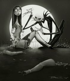 two cartoon characters sitting on the ground in front of a full moon with one holding a knife