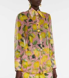 This exclusive Lemon print silk chiffon shirt from Dolce&Gabbana's The Exclusive Lemon Collection will elevate your Instagram style this summer. The sheer, lightweight fabric beautifully shows off what's underneath while the lemon print and pointed collar add a touch of Italian sophistication. Made exclusively for Mytheresa in Italy, this #OOTD essential is sure to garner likes from followers looking for a fresh warm-weather look that's perfect for poolside posing or dining al fresco. Ladies Chiffon Shirts, Lemon Print, Wide Cuff, Chiffon Shirt, Top Collection, Silk Chiffon, Instagram Fashion, Silk Printing, Dolce And Gabbana