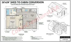 the floor plan for a cabin with two rooms and an attached kitchen, living room and bedroom