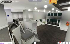 a virtual view of a living room with stairs