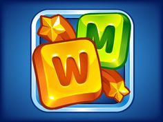 an app icon with the letter w and stars on it's side, in front of a blue background