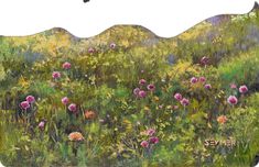 a painting of wildflowers and grasses in a field