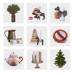 twelve christmas themed items are arranged in the shape of square tiles, including a teapot, coffee pot, mug, and tree