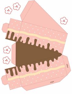 an open pink box with chocolate icing on the top and bottom, cut out